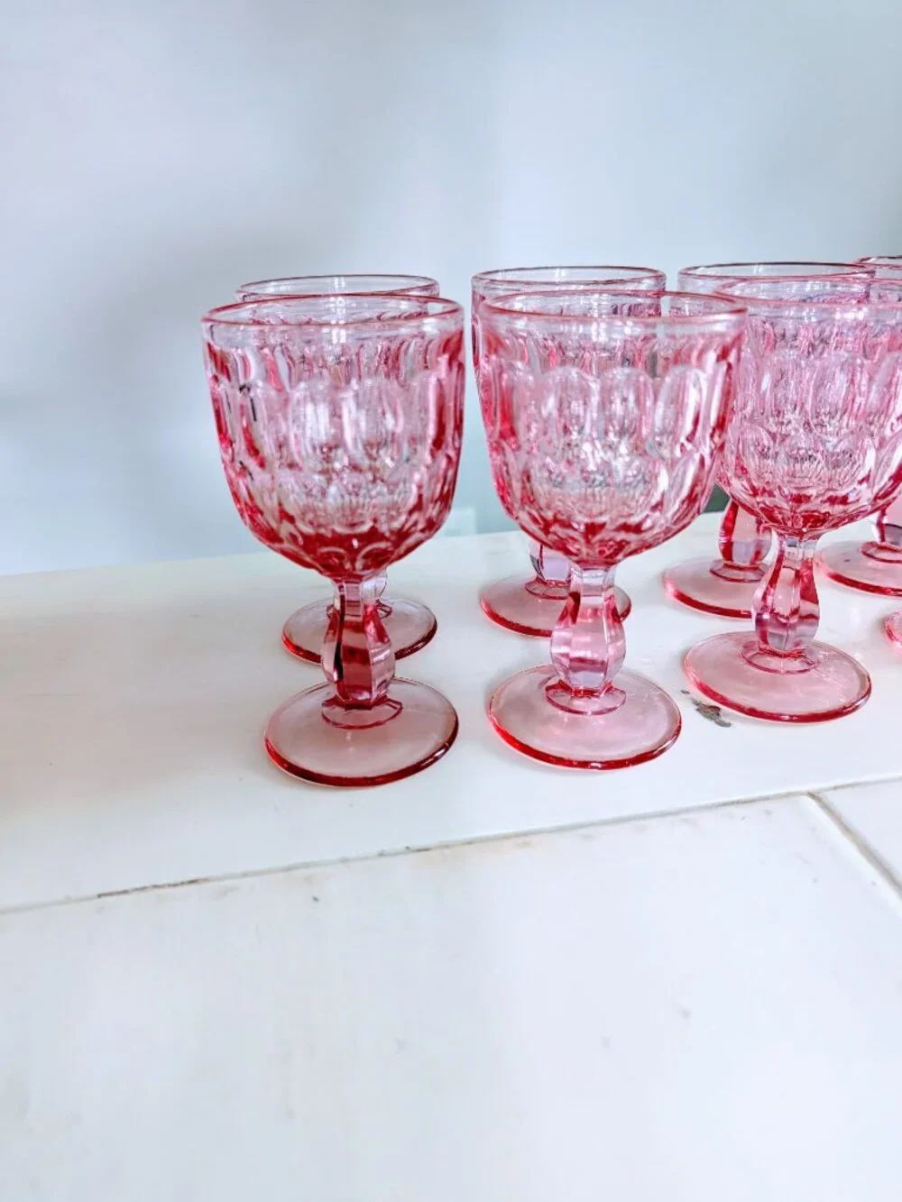 VTG Set of 8 Fenton Colonial Pink Thumbprint Goblets 6.5